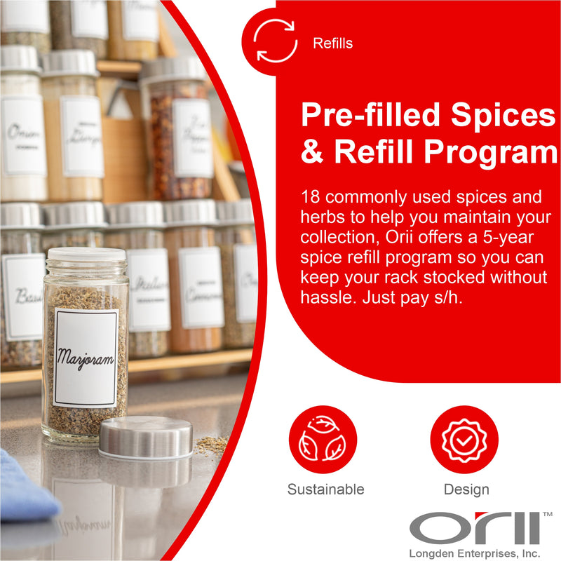 Orii 18-Jar Bamboo Drawer & Countertop Spice Rack Versatile Organizer with Pre-Filled Glass Jars & Free 5-Year Refills
