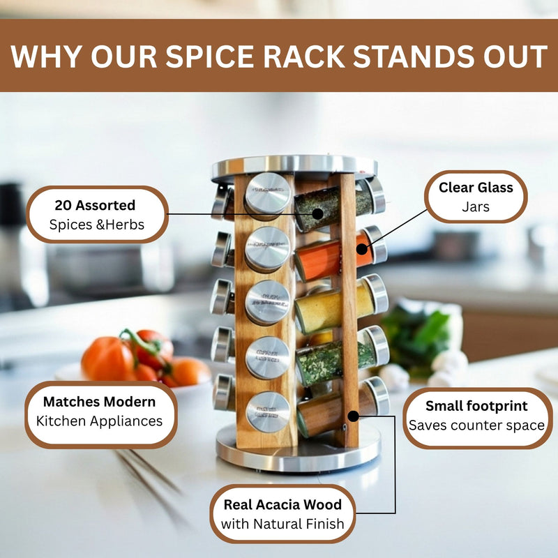 Orii 20-Jar Acacia Wood Rotating Spice Rack Organizer with Glass Jars & Stainless Steel Lids | Includes 20 Spices & Free 5-Year Refills
