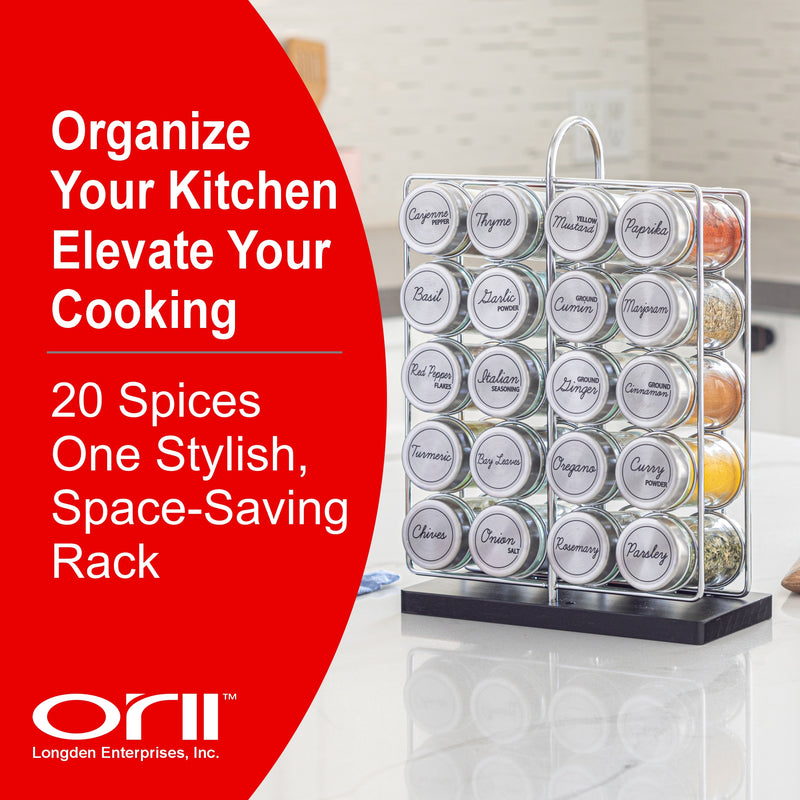 Orii 20-Jar Stainless Steel Filled Spice Rack Modern Wire Design with Labeled Jars & Free 5-Year Refills