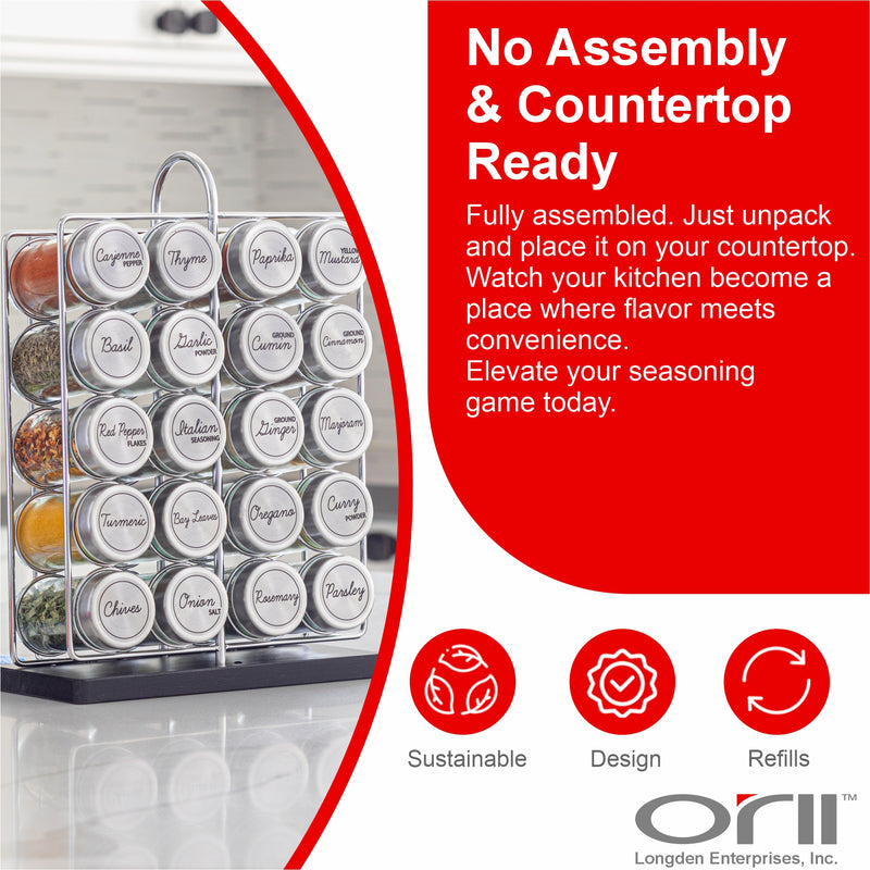 Orii 20-Jar Stainless Steel Filled Spice Rack Modern Wire Design with Labeled Jars & Free 5-Year Refills