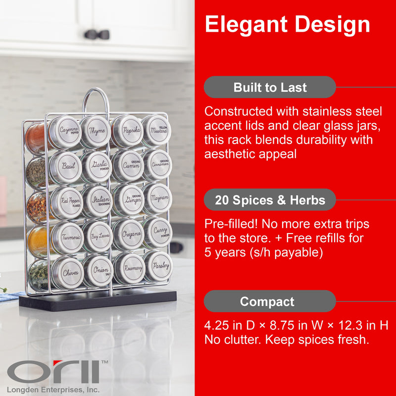 Orii 20-Jar Stainless Steel Filled Spice Rack Modern Wire Design with Labeled Jars & Free 5-Year Refills