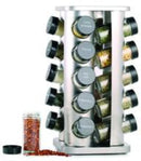 Orii 20-Jar Stainless Steel Spice Organizer Rack, Rotating Lazy Susan Design with Filled Glass Jars