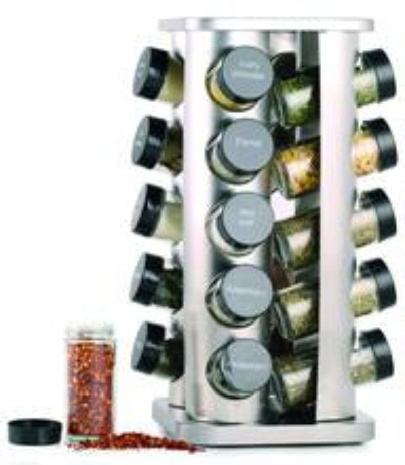 Orii 20-Jar Stainless Steel Spice Organizer Rack, Rotating Lazy Susan Design with Filled Glass Jars