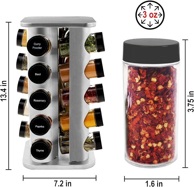 Orii 20-Jar Stainless Steel Spice Organizer Rack, Rotating Lazy Susan Design with Filled Glass Jars