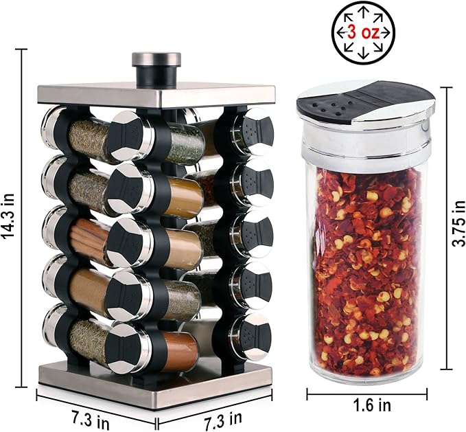Orii Rotunda 20-Jar Rotating Spice Rack Organizer Stainless Steel 4 Sided Compact Design with Pre-Filled Glass Jars