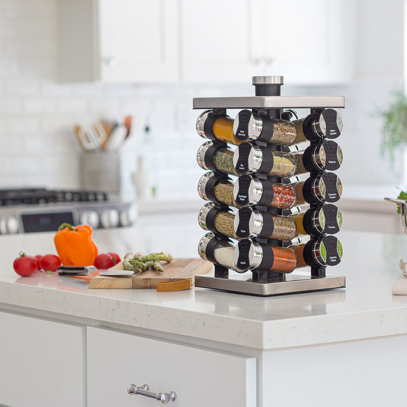 Orii Rotunda 20-Jar Rotating Spice Rack Organizer Stainless Steel 4 Sided Compact Design with Pre-Filled Glass Jars