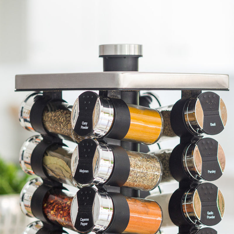 Orii Rotunda 20-Jar Rotating Spice Rack Organizer Stainless Steel 4 Sided Compact Design with Pre-Filled Glass Jars