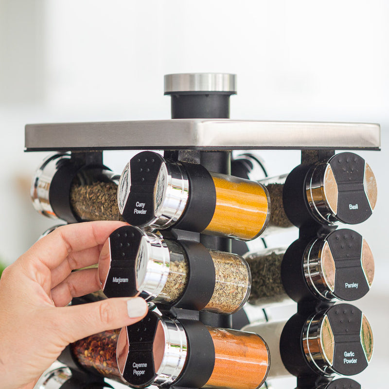 Orii Rotunda 20-Jar Rotating Spice Rack Organizer Stainless Steel 4 Sided Compact Design with Pre-Filled Glass Jars