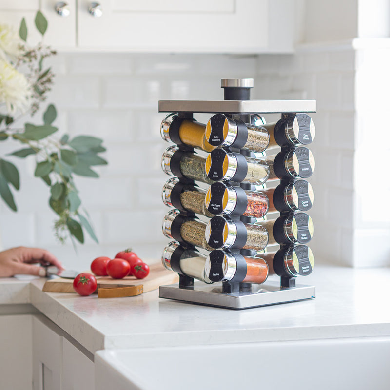 Orii Rotunda 20-Jar Rotating Spice Rack Organizer Stainless Steel 4 Sided Compact Design with Pre-Filled Glass Jars