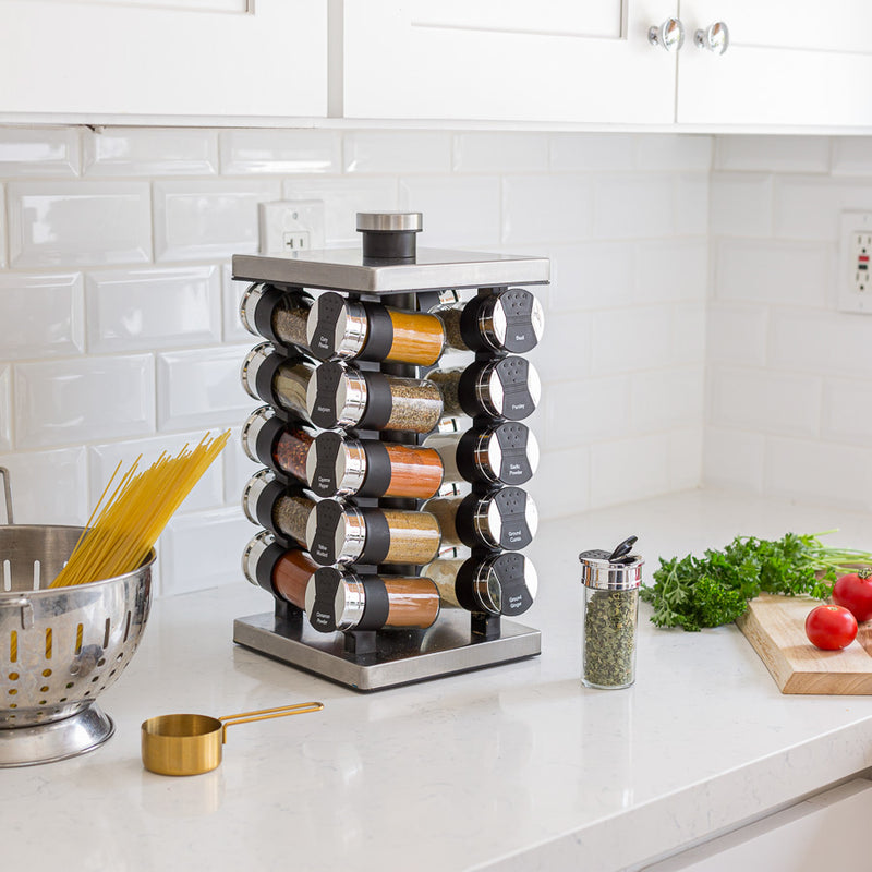 Orii Rotunda 20-Jar Rotating Spice Rack Organizer Stainless Steel 4 Sided Compact Design with Pre-Filled Glass Jars