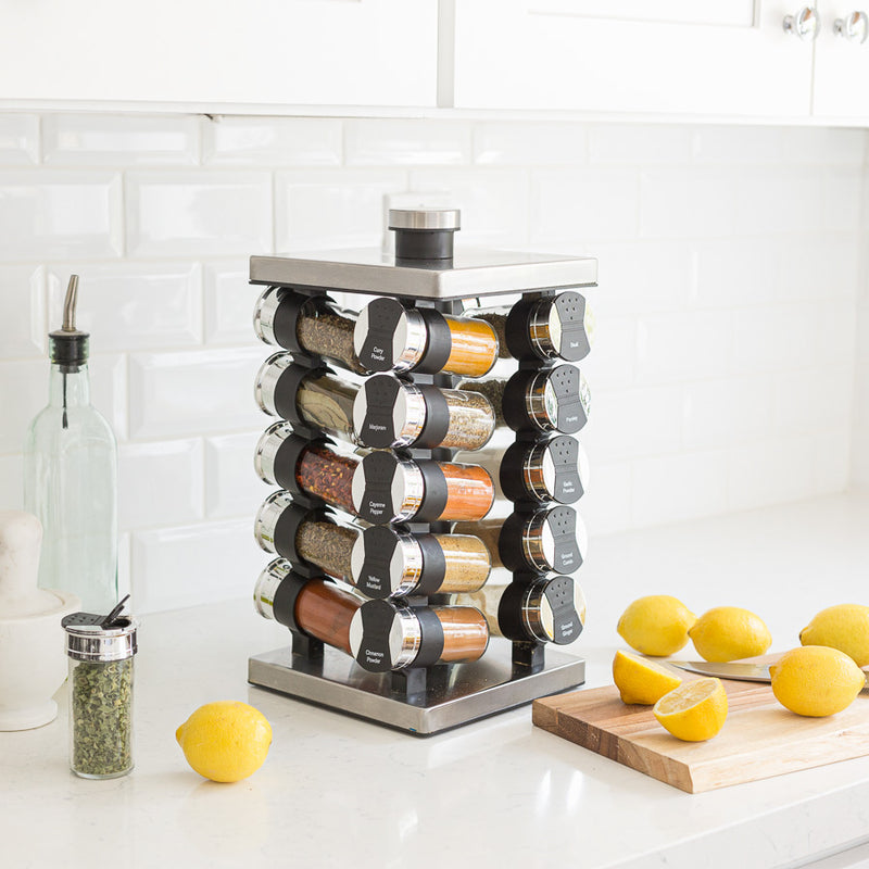 Orii Rotunda 20-Jar Rotating Spice Rack Organizer Stainless Steel 4 Sided Compact Design with Pre-Filled Glass Jars