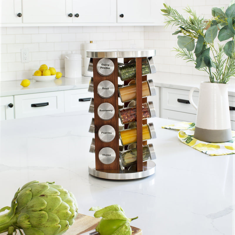Orii 20 Jar Filled Spice Rack Organizer with Free Spice Refills, Dark Acacia Wood & Stainless Steel Rotating Spice Holder