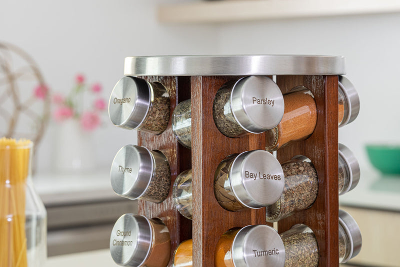 Orii 20 Jar Filled Spice Rack Organizer with Free Spice Refills, Dark Acacia Wood & Stainless Steel Rotating Spice Holder