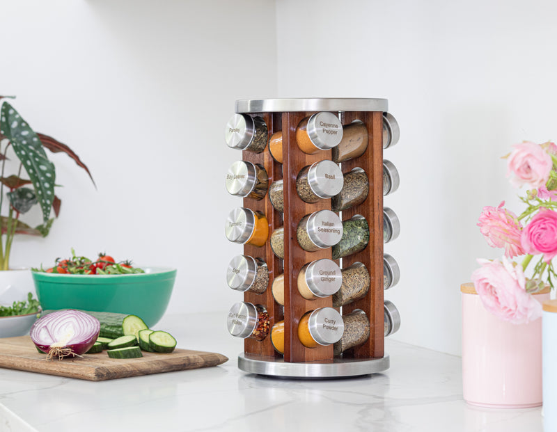 Orii 20 Jar Filled Spice Rack Organizer with Free Spice Refills, Dark Acacia Wood & Stainless Steel Rotating Spice Holder