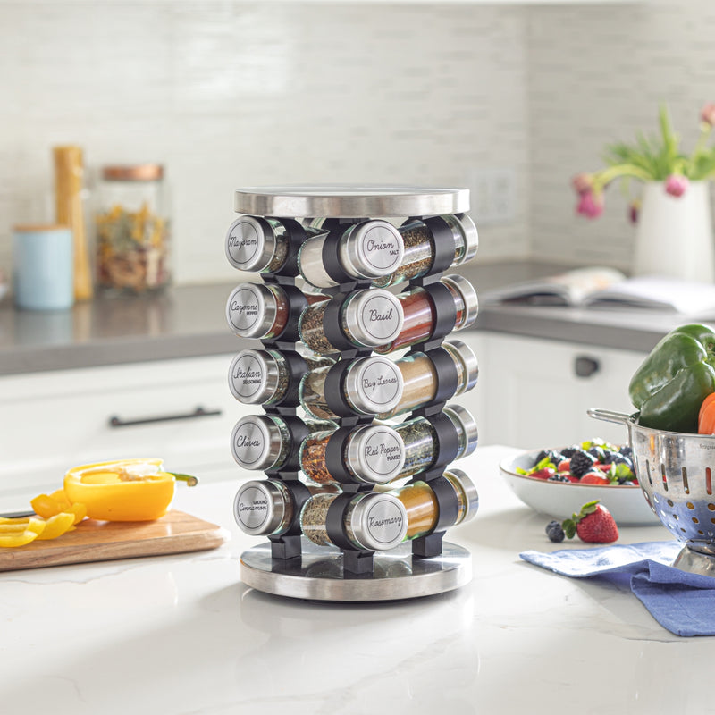 Orii 20-Jar Stainless Steel Rotating Spice Rack Lazy Susan Organizer with Pre-Filled Glass Jars