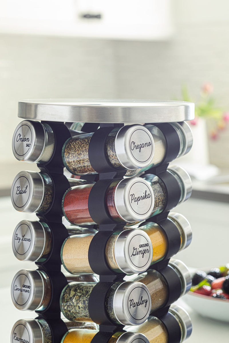 Orii 20-Jar Stainless Steel Rotating Spice Rack Lazy Susan Organizer with Pre-Filled Glass Jars