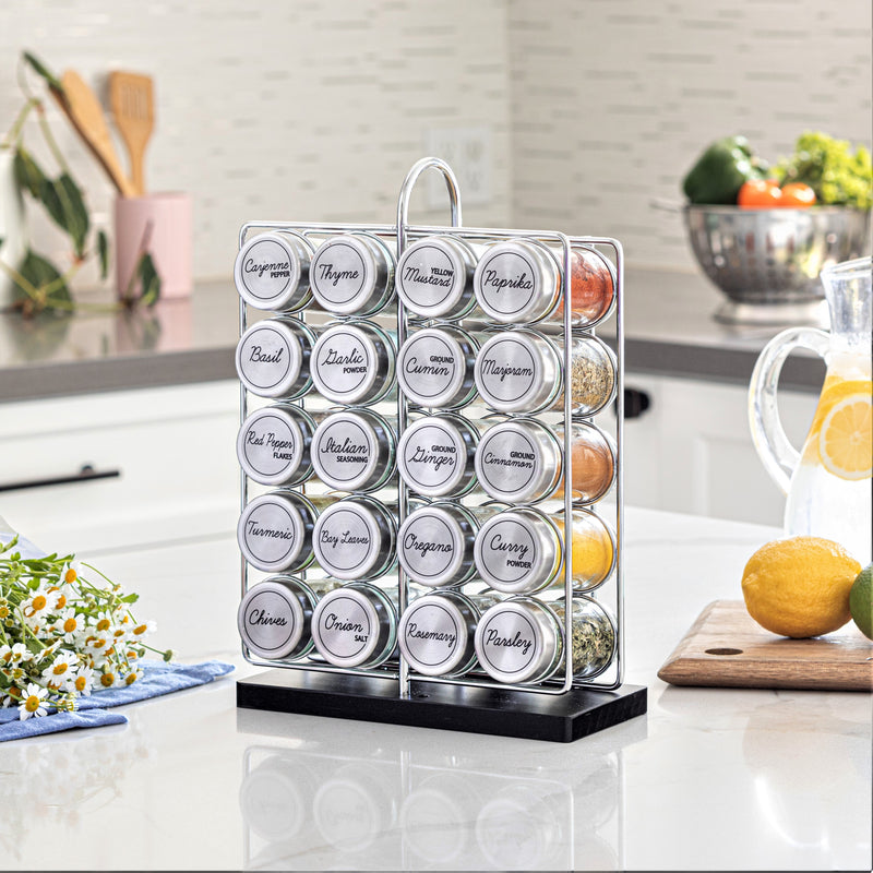 Orii 20-Jar Stainless Steel Filled Spice Rack Modern Wire Design with Labeled Jars & Free 5-Year Refills
