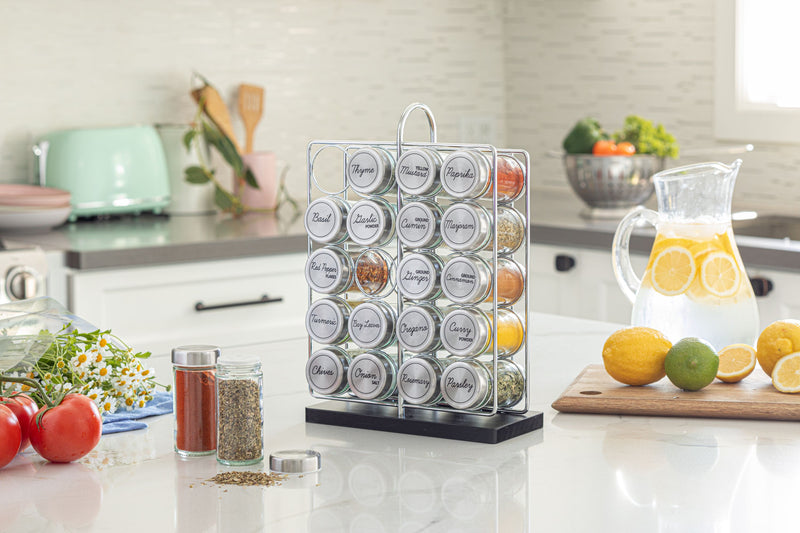 Orii 20-Jar Stainless Steel Filled Spice Rack Modern Wire Design with Labeled Jars & Free 5-Year Refills