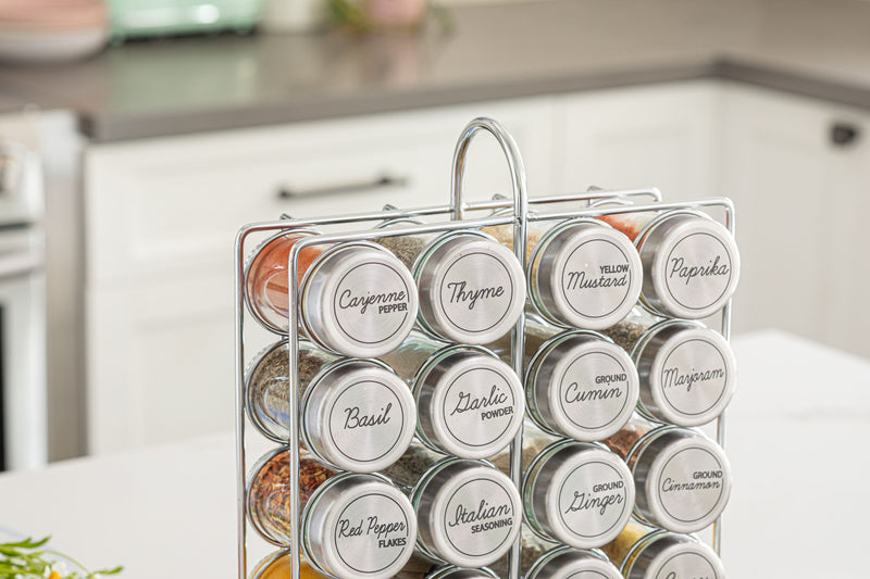 Orii 20-Jar Stainless Steel Filled Spice Rack Modern Wire Design with Labeled Jars & Free 5-Year Refills