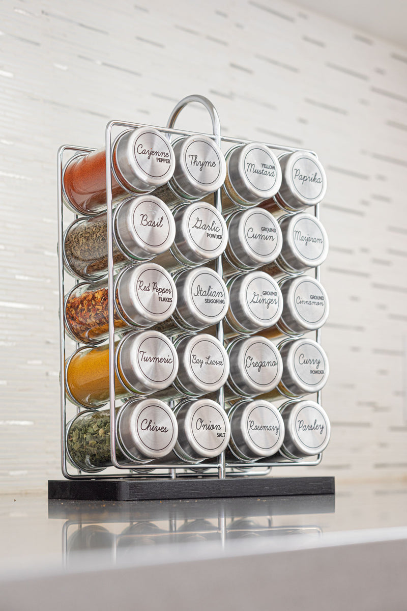 Orii 20-Jar Stainless Steel Filled Spice Rack Modern Wire Design with Labeled Jars & Free 5-Year Refills