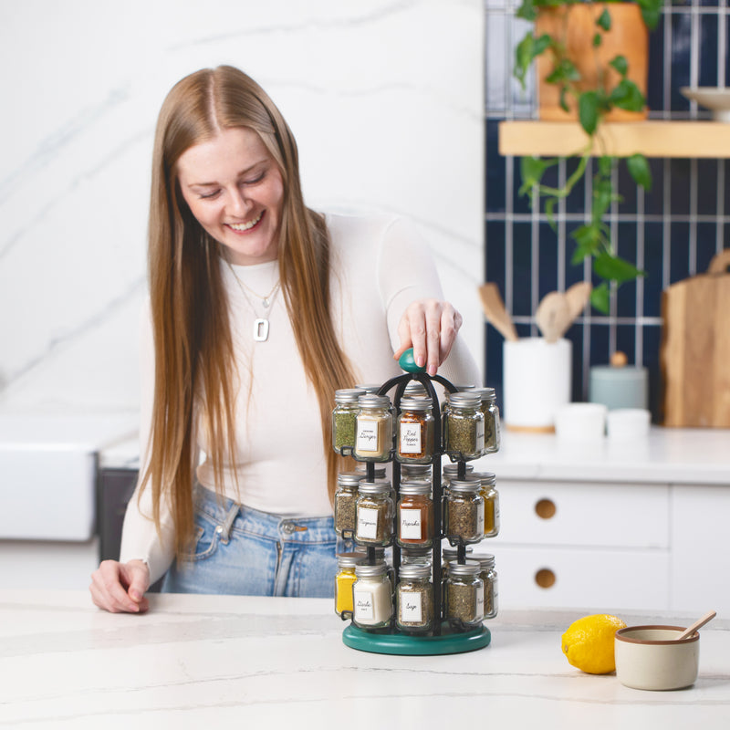Orii Adrinova 24-Jar Revolving Tower Spice Rack Premium Glass Jars with Free 5-Year Refills
